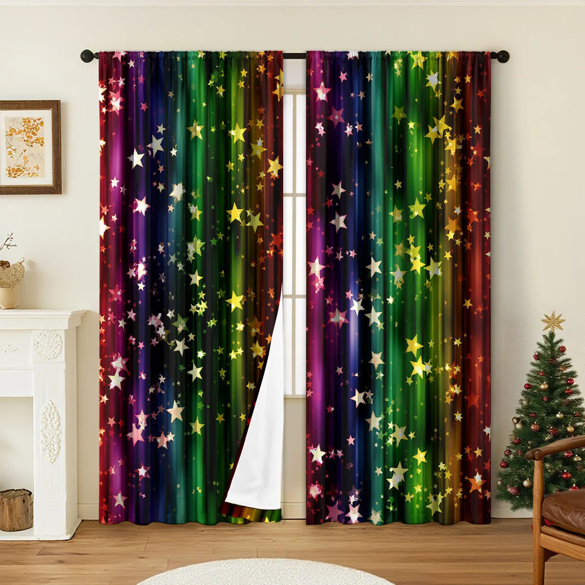 Pair of 3D digital printed Christmas curtains in polyester with European festive patterns hanging at window