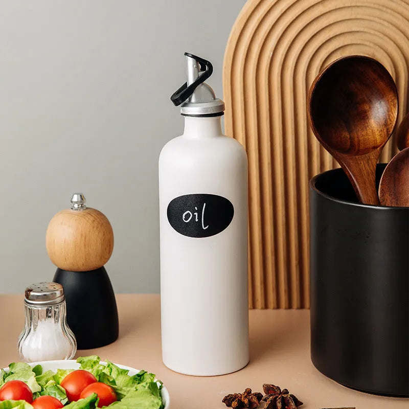 Ceramic oil pot with conical funnel in black, white or coffee colour options