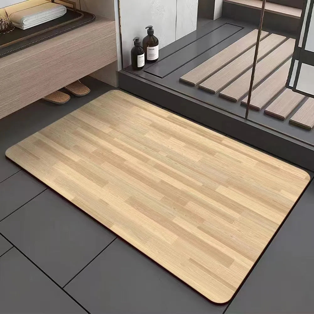 Square diatom ooze floor mat with wood grain pattern for non-slip bathroom use