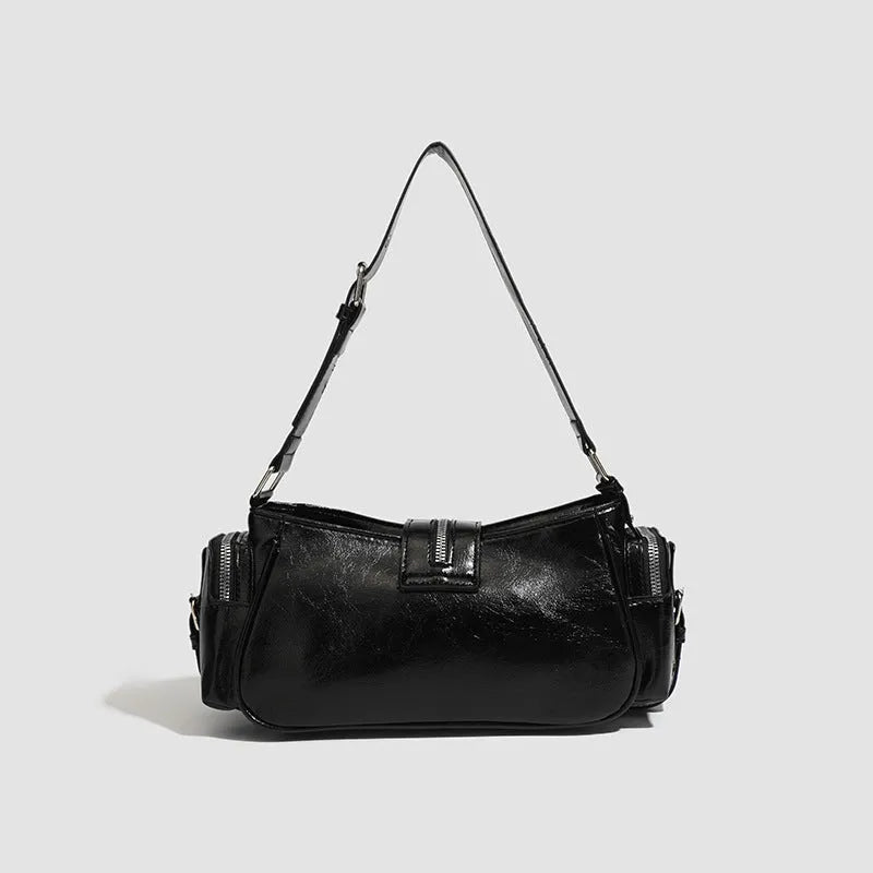 Black oil wax leather retro handbag with multiple compartments and dumpling-shaped design