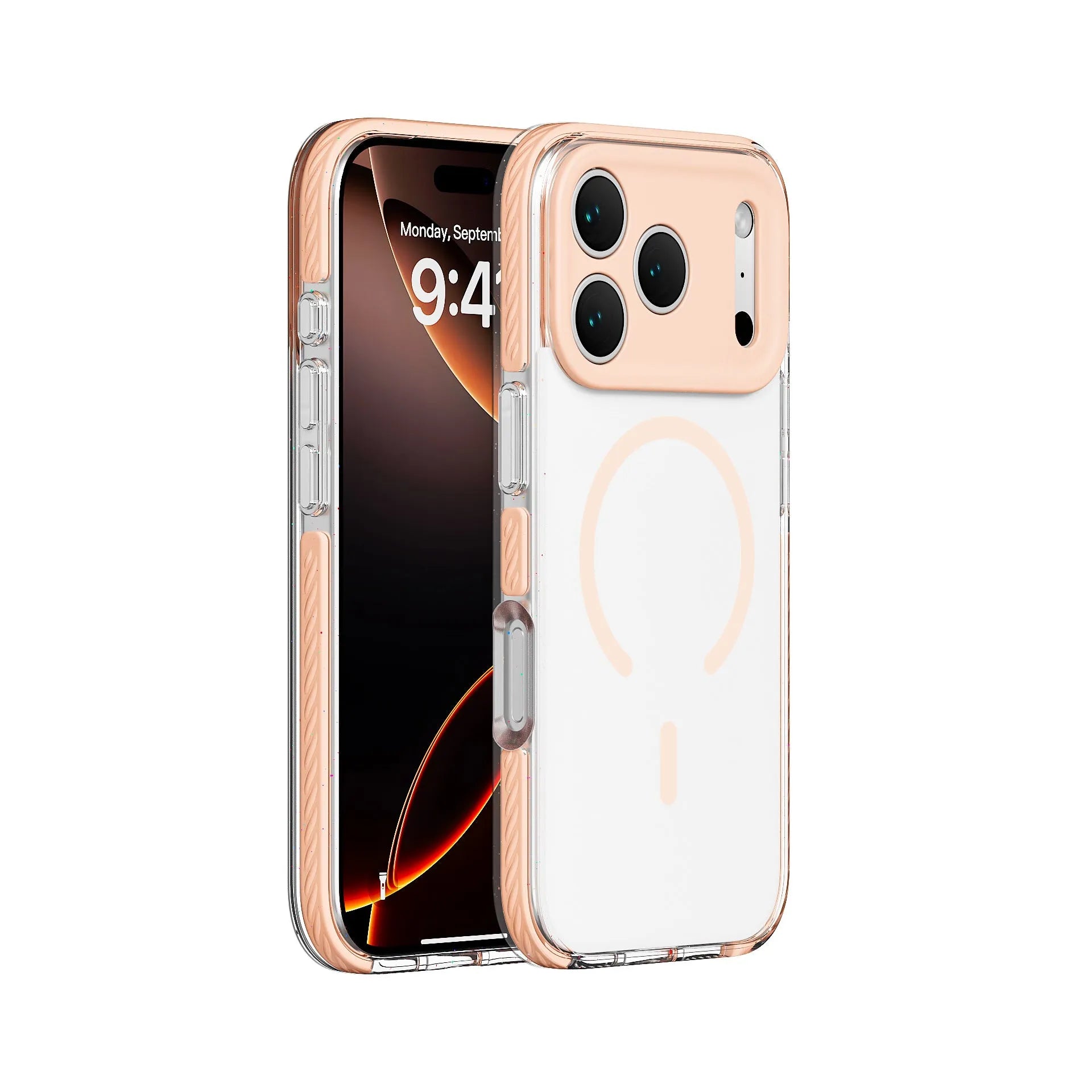 Three-in-one drop-resistant transparent protective case for iPhone with magnetic suction, in candy green colour, showing TPU bumper and PC back