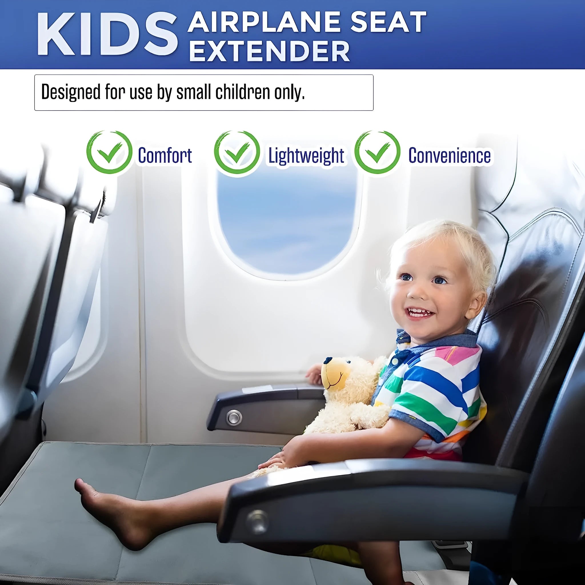 Portable children's aircraft pedal seat extender with drawstring storage pocket in blue colour