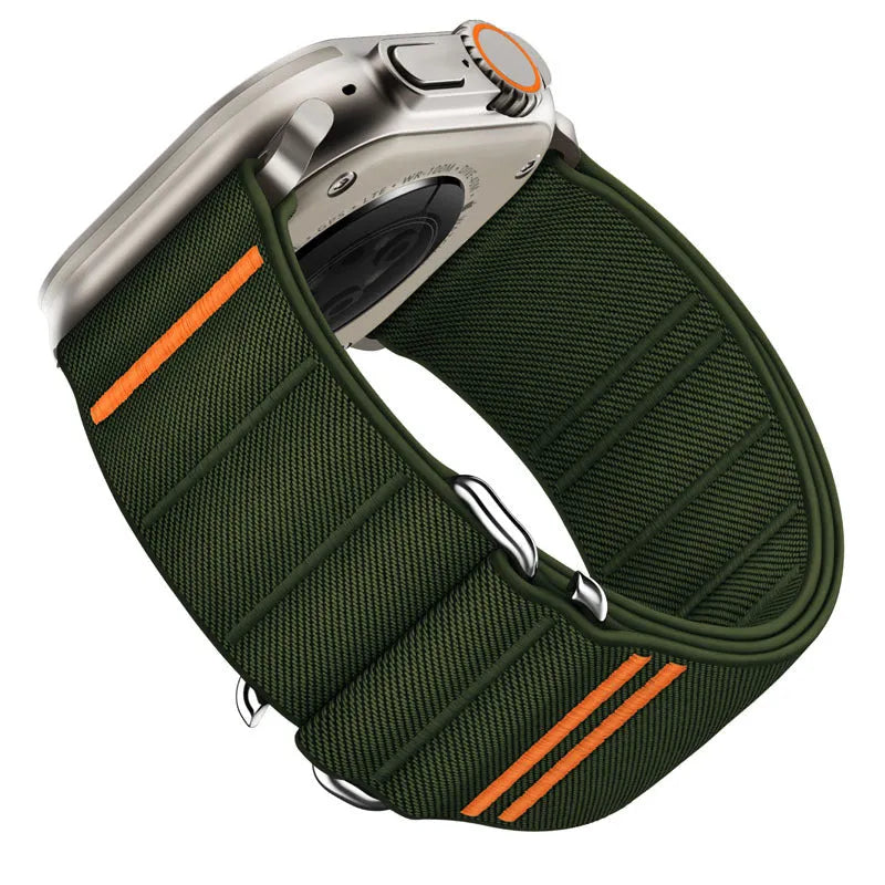 Elastic nylon Apple Watch band with stainless steel buckle shown in Army Green colour.