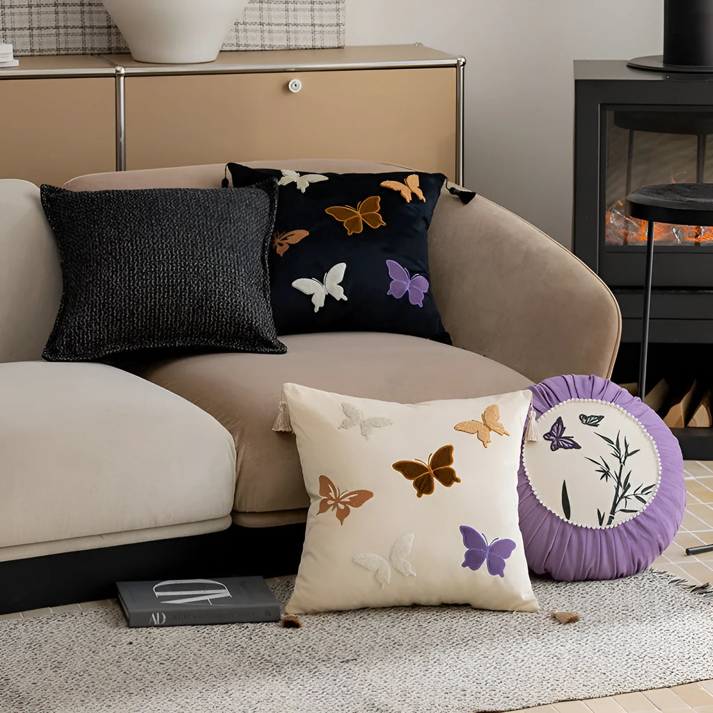 Square butterfly embroidery cushion in beige, black, or purple, 45x45cm.