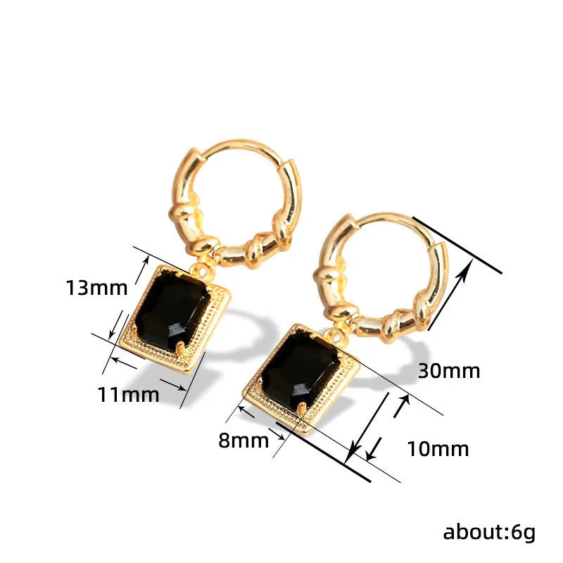 Geometric quadrilateral copper earrings with black zircon setting in French court retro style