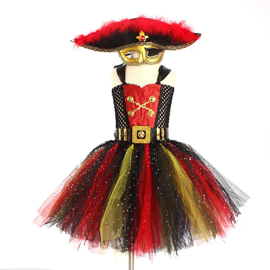 A sleeveless girls pirate dress costume with sequin and mesh decoration, shown with an optional black eye mask.