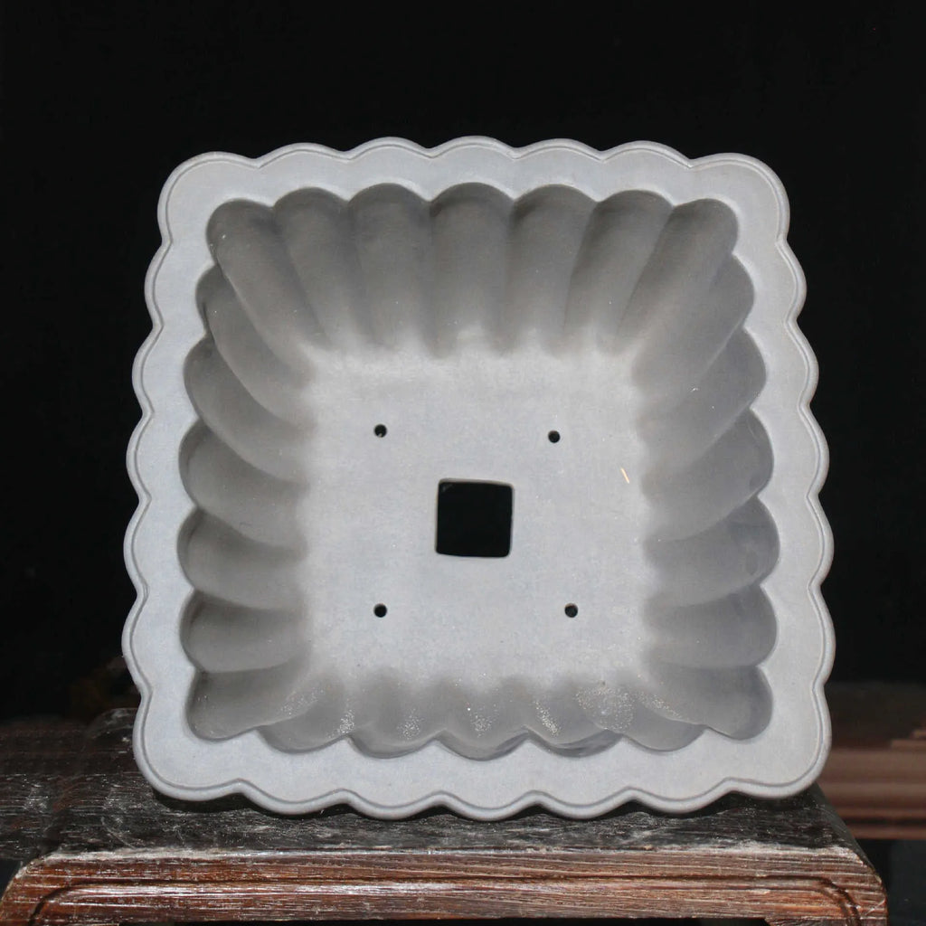 Square ceramic bonsai pot with purple sand glaze finish showing 37cm diameter measurement