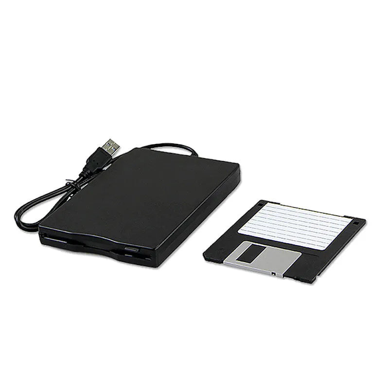 External USB 3.5-inch floppy disk drive in black colour with front slot and rear USB connector