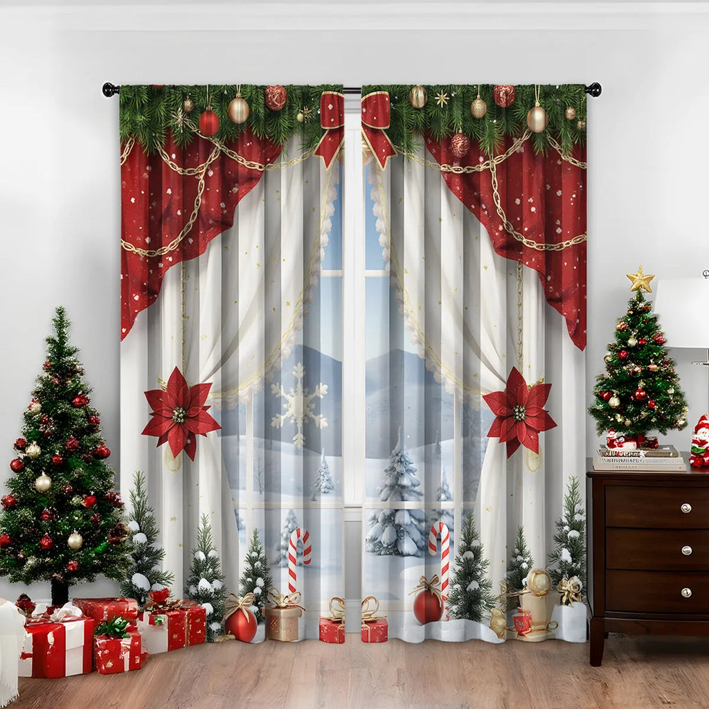 Pair of 3D digital printed Christmas curtains in polyester with European festive patterns hanging at window
