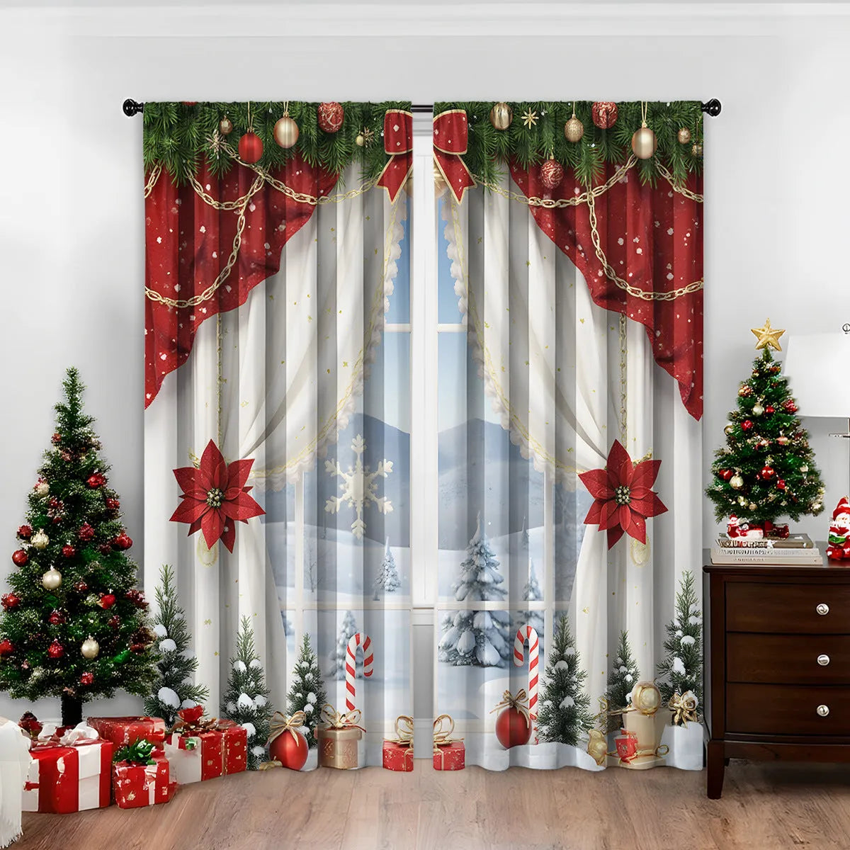 Pair of 3D digital printed Christmas curtains in polyester with European festive patterns hanging at window