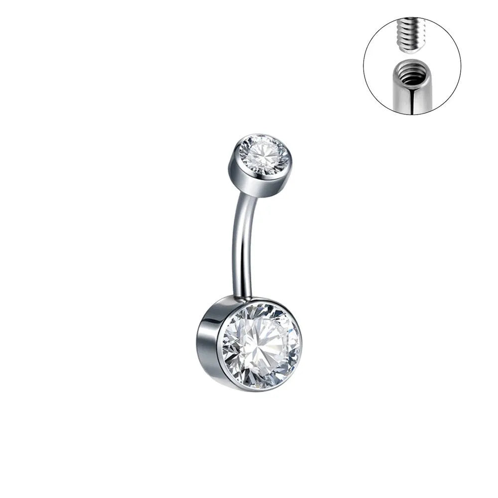 Titanium alloy double-headed zircon navel stud showing colour options and 1.6mm thickness