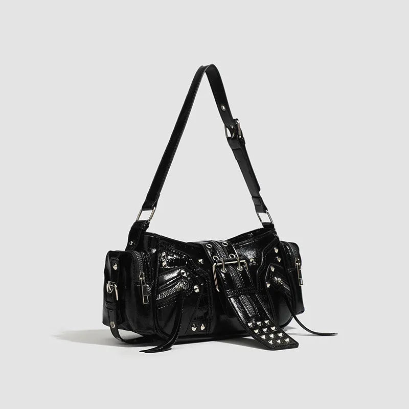 Black oil wax leather retro handbag with multiple compartments and dumpling-shaped design