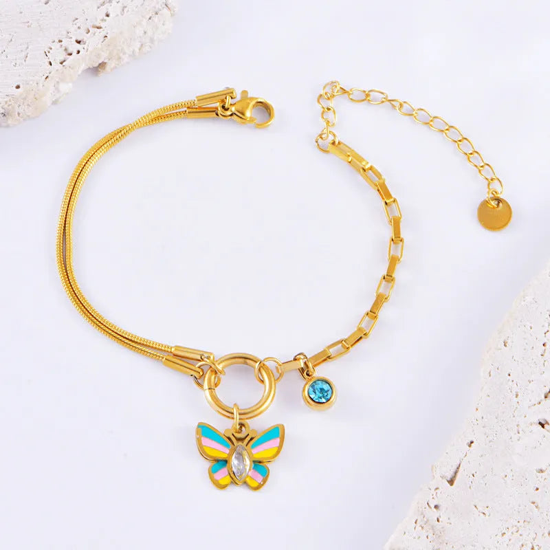 Gold titanium steel necklace and bracelet set with colourful epoxy butterfly pendant on snake bone chain