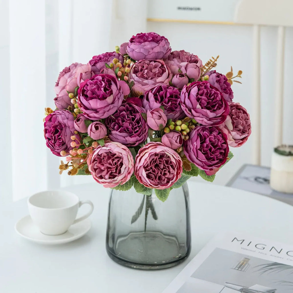 Silk artificial peony flower bouquet in five colour options including champagne, pink, purple, sand red and white