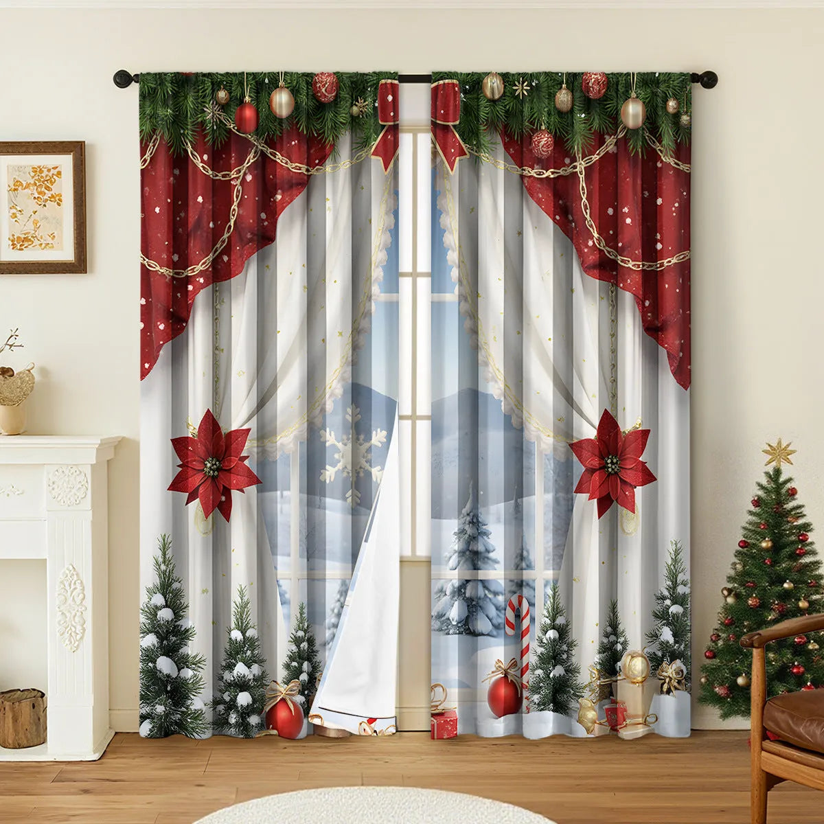 Pair of 3D digital printed Christmas curtains in polyester with European festive patterns hanging at window