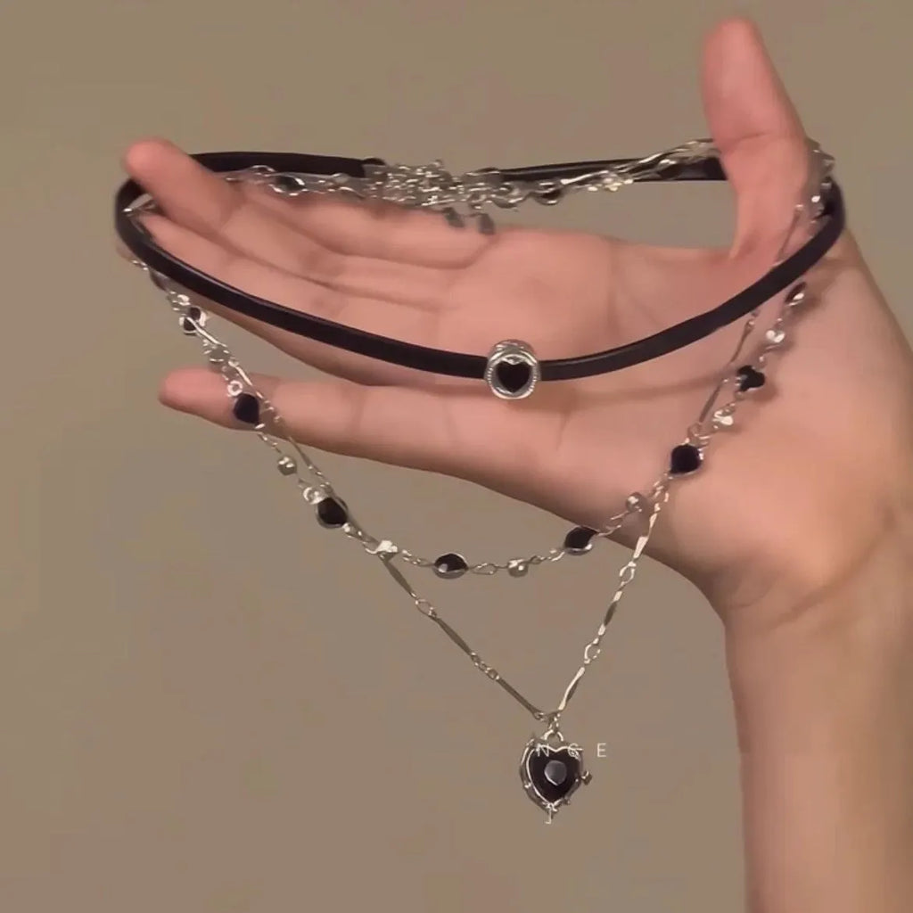 Women's multi-layer twin heart necklace with alloy and artificial crystal pendants on clavicle chain