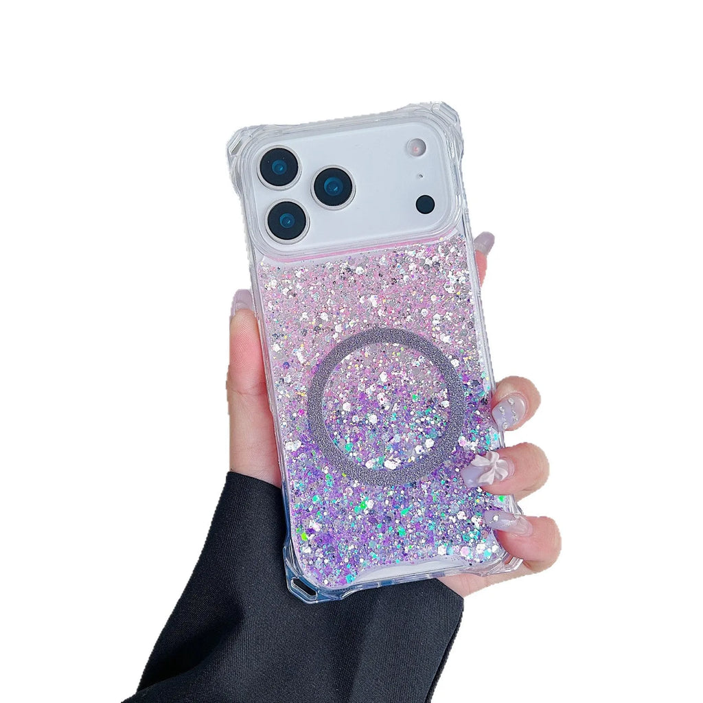 Glitter magnetic drop-resistant TPU phone case for iPhone 16 Pro with frosted finish in pink blue colour option