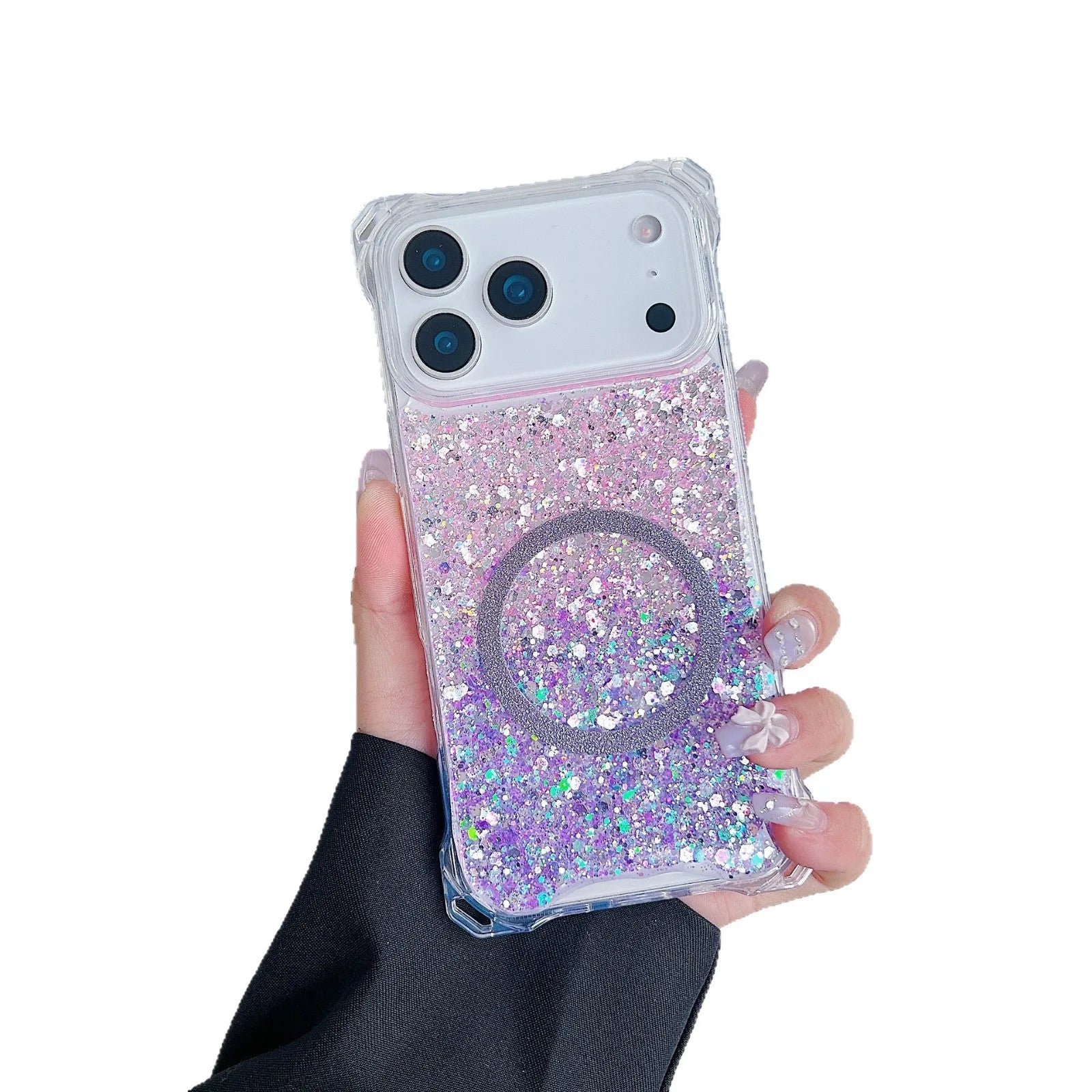 Glitter magnetic drop-resistant TPU phone case for iPhone 16 Pro with frosted finish in pink blue colour option