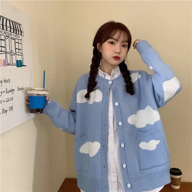 Blue cloud pattern women's spandex cardigan sweater with long sleeves