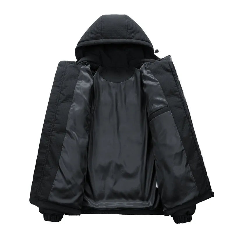 Men's black hooded cotton-padded cardigan coat with side pockets on a neutral background.