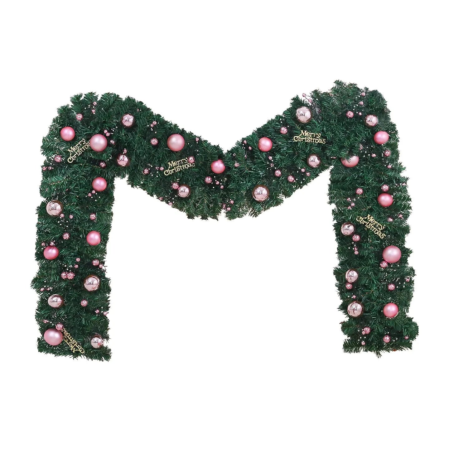 2.7 metre long pink artificial Christmas rattan vine decoration with small berries and leaves against a wall.