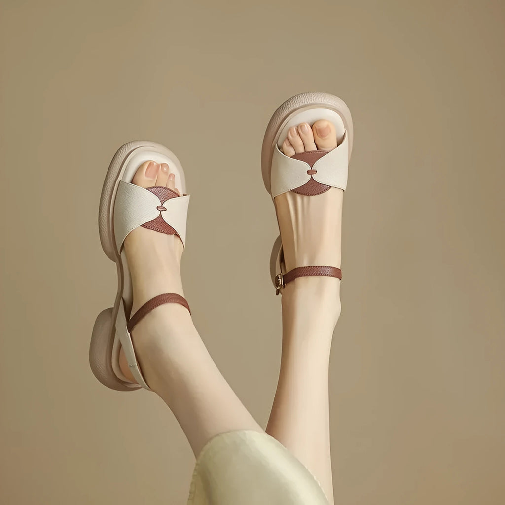 Women's beige chunky heel platform open toe sandals with renewable leather upper