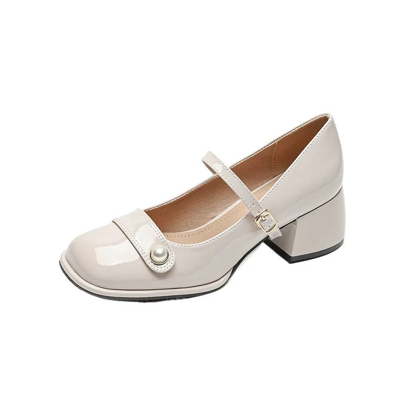 Plus size square toe ankle boots with chunky heel and buckle in patent leather