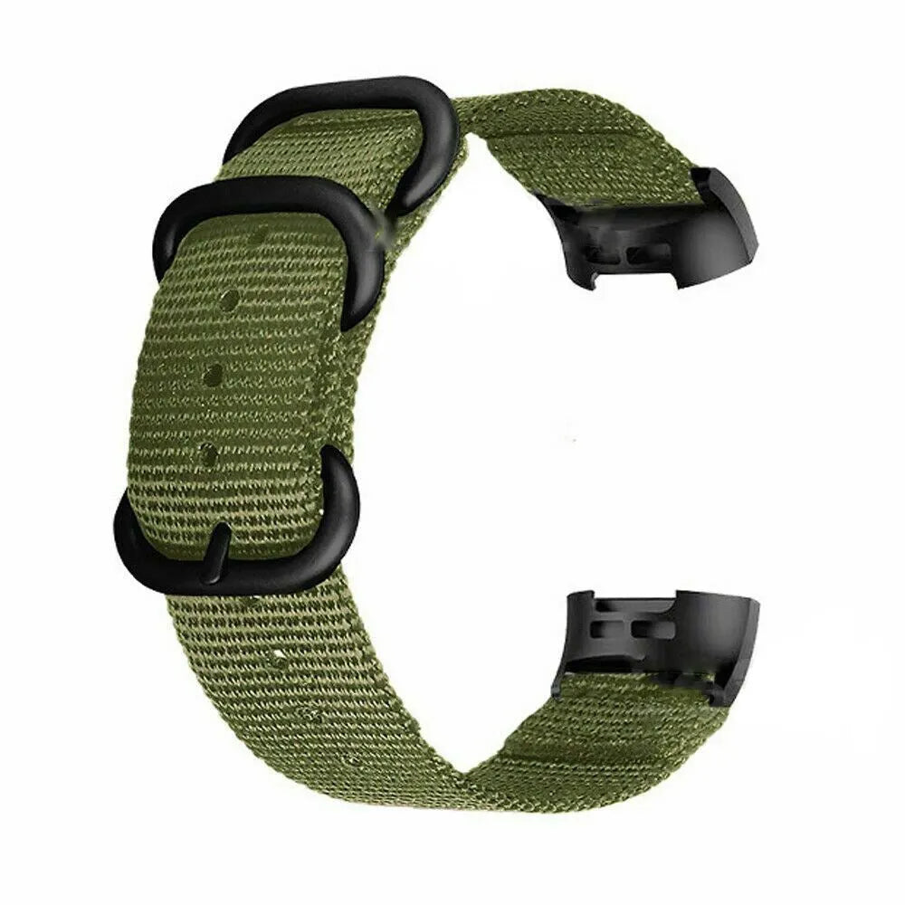 Fitbit Charge nylon watch strap with three-ring metal buckle shown in Army Green colour