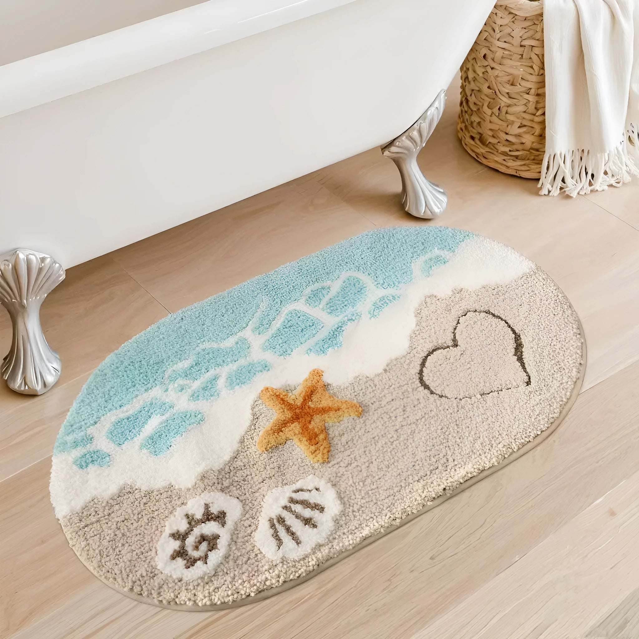 Square rainbow print carpet mat in Sky Sea colour with a plastic anti-slip bottom, shown in two sizes.