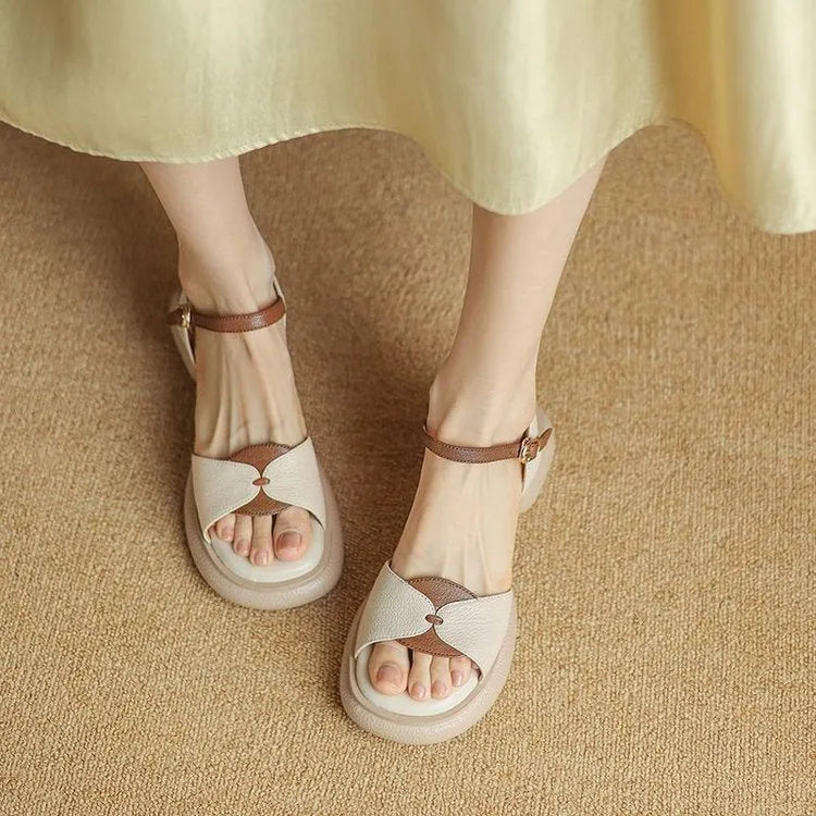 Women's beige chunky heel platform open toe sandals with renewable leather upper