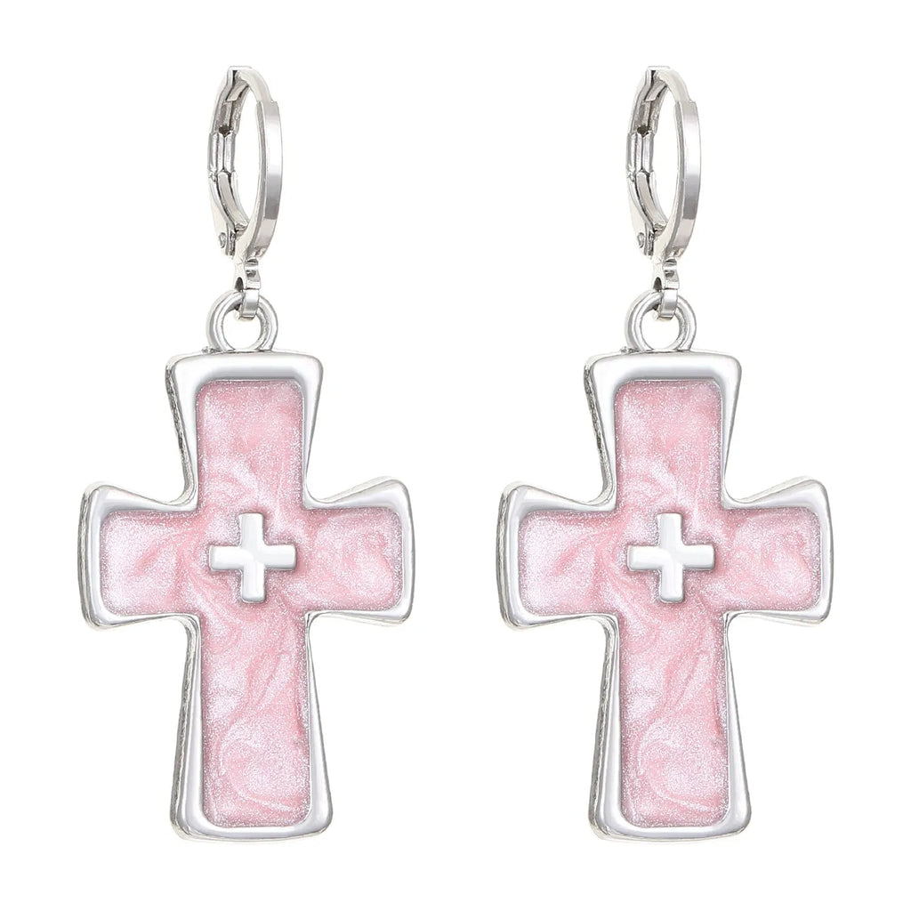 Women's alloy cross crystal earrings in five colour options with cross, heart, and character design elements