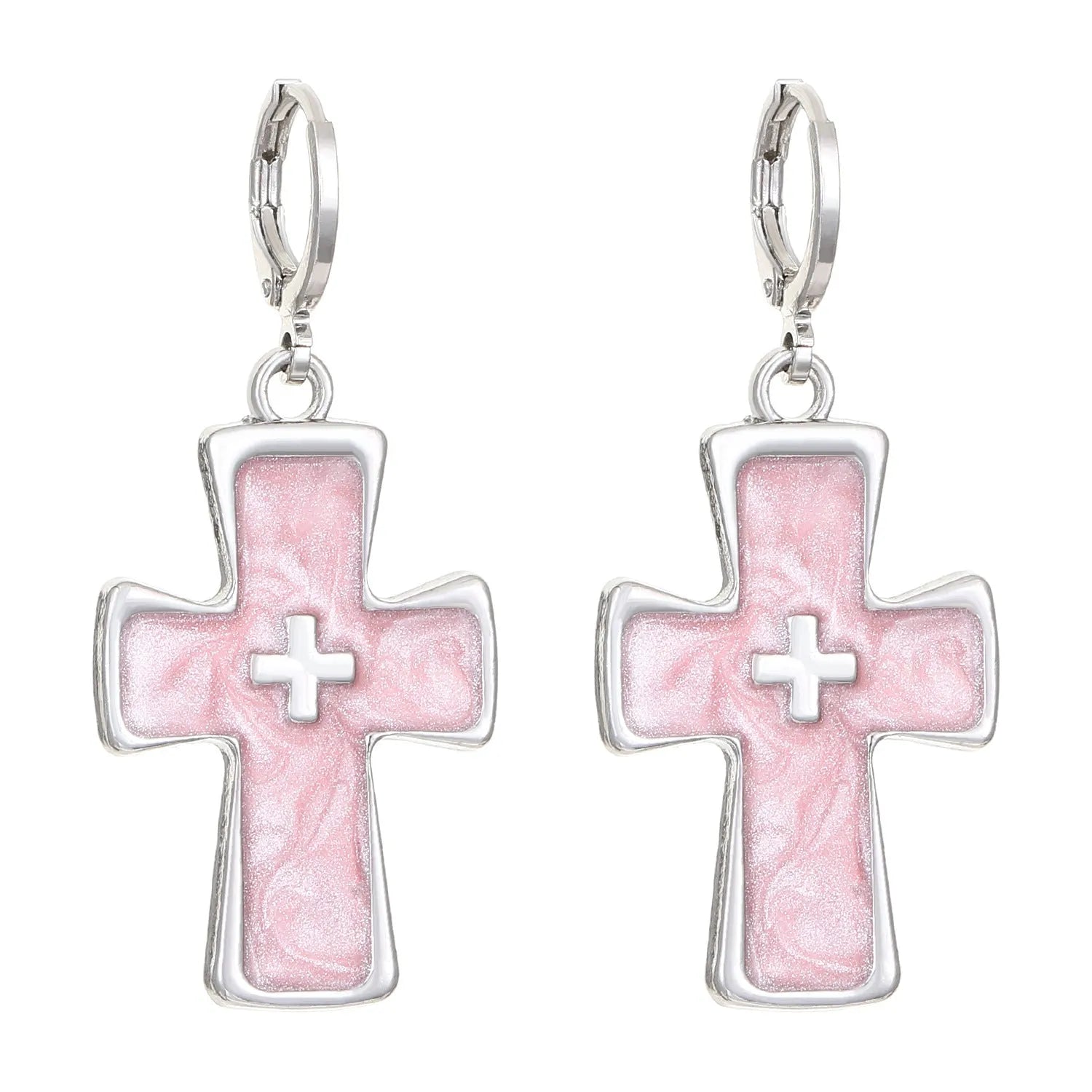 Women's alloy cross crystal earrings in five colour options with cross, heart, and character design elements