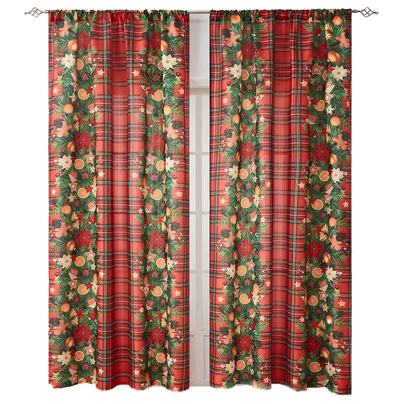 Printed polyester Christmas curtain with red plaid design showing semi-sunshade light filtering