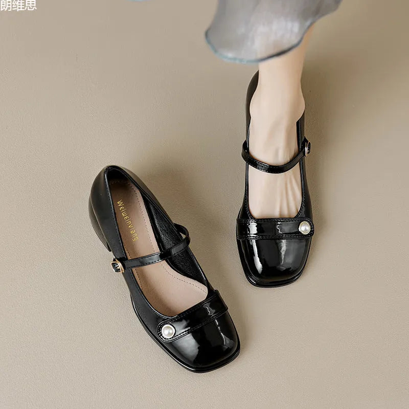 Plus size square toe ankle boots with chunky heel and buckle in patent leather