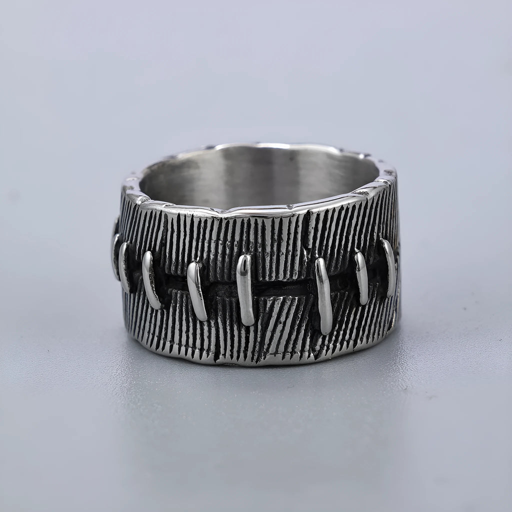 Geometric dark punk titanium steel ring with a double ring design in a retro colour finish.