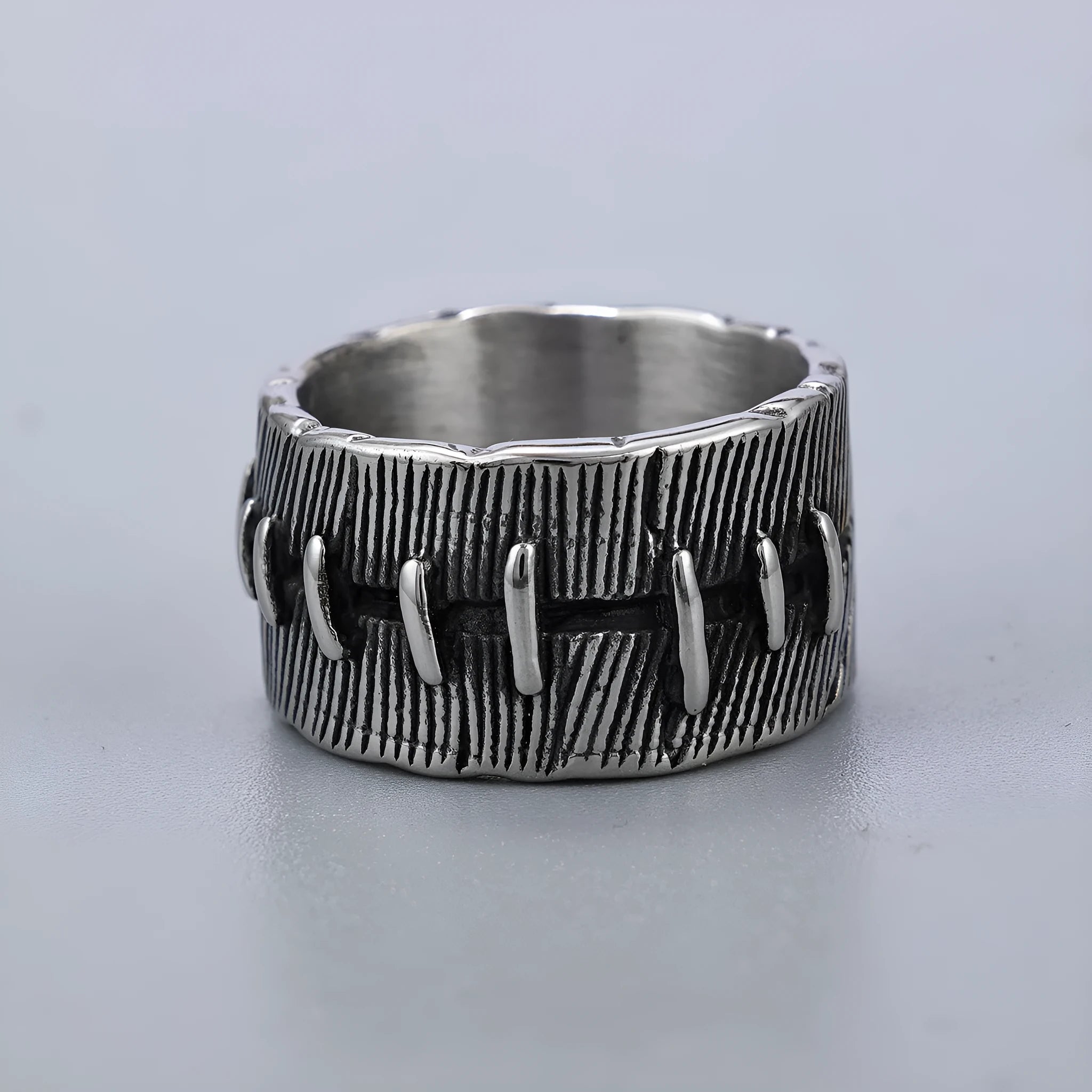 Geometric dark punk titanium steel ring with a double ring design in a retro colour finish.