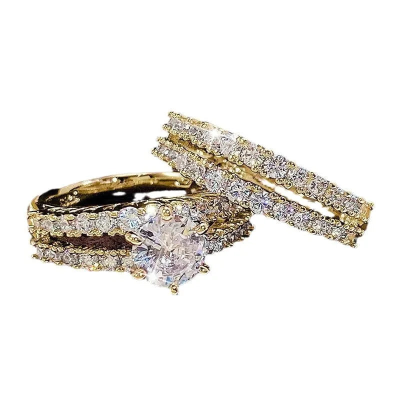 A 2 in 1 set of fully-jewelled geometric rings for women, shown in rose gold, silver, and gold colour options.