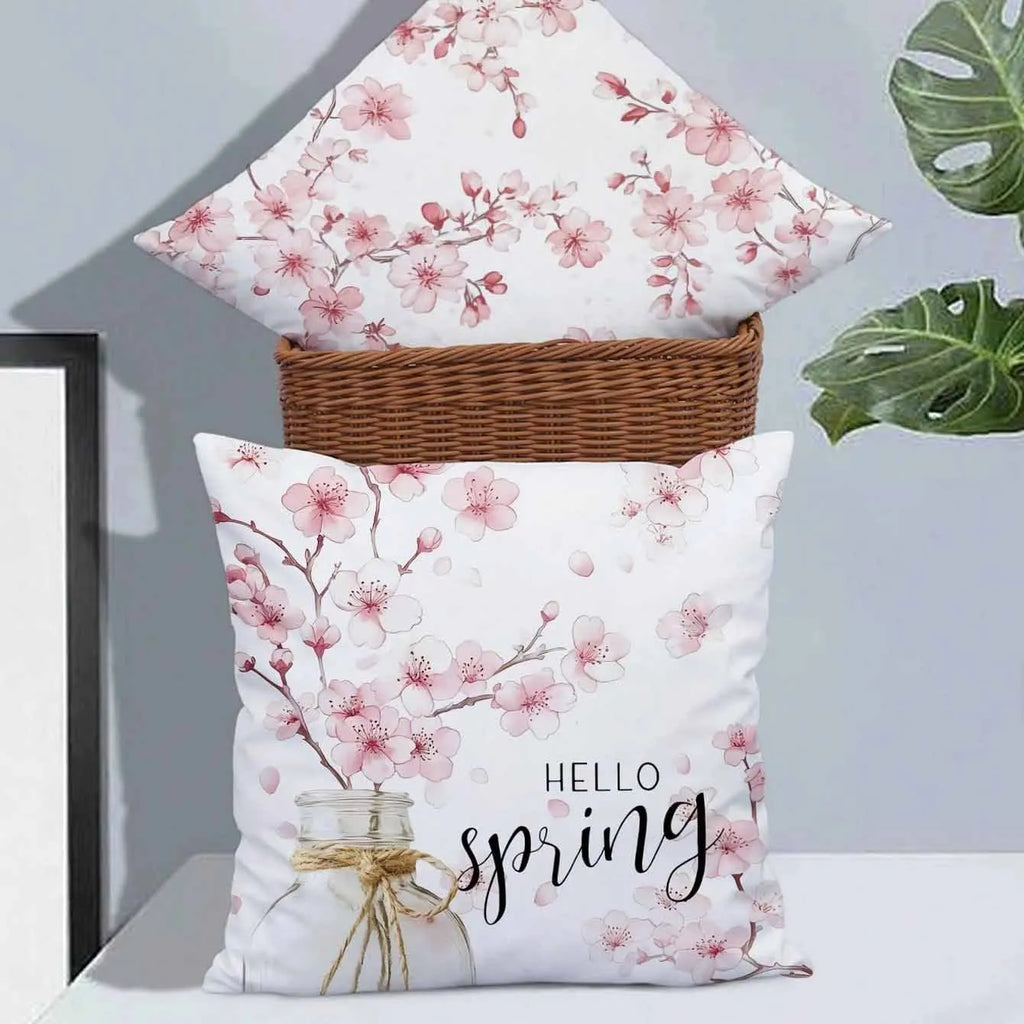 Square short velvet cushion cover with cherry blossom and letter print in four colour options