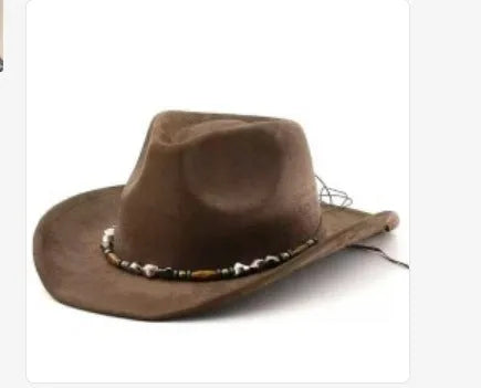 Brown leather velvet Western cowboy hat with a curved edge brim and conical crown.