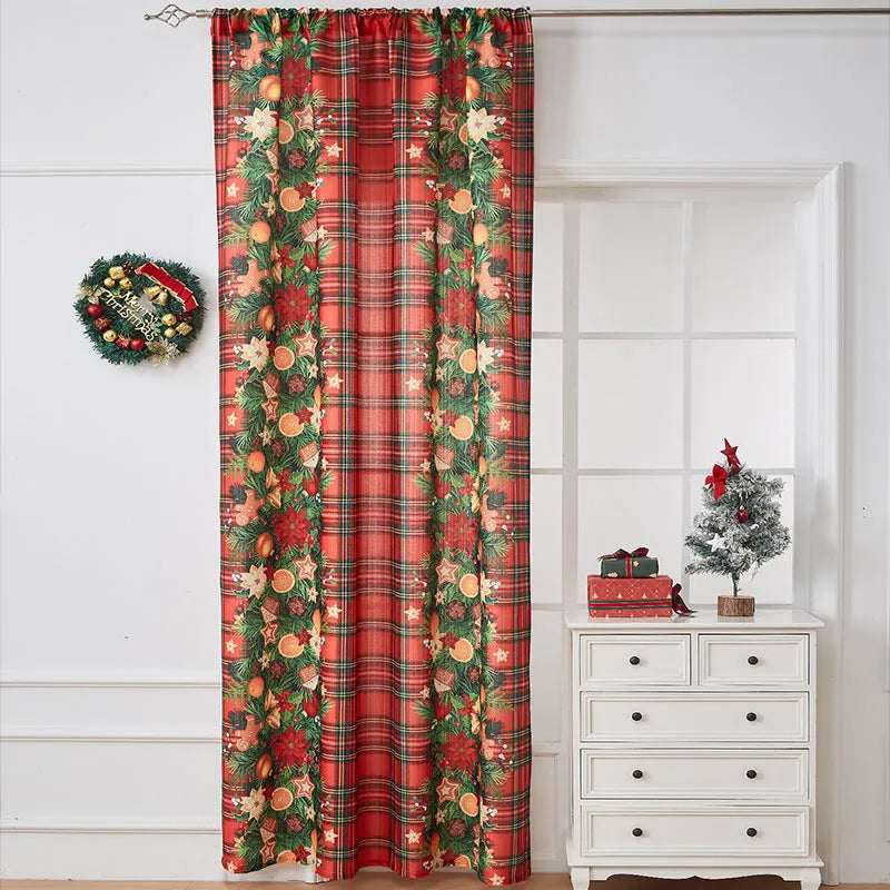 Printed polyester Christmas curtain with red plaid design showing semi-sunshade light filtering