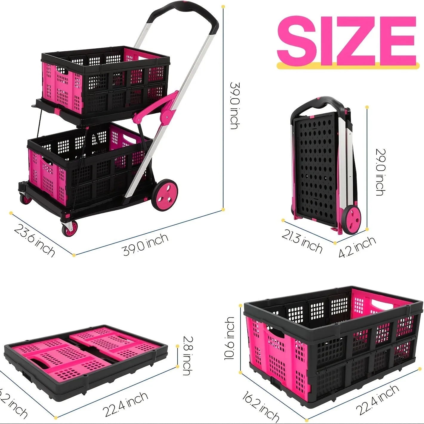 Foldable shopping cart with double baskets in choice of blue, purple, pink, or red colours