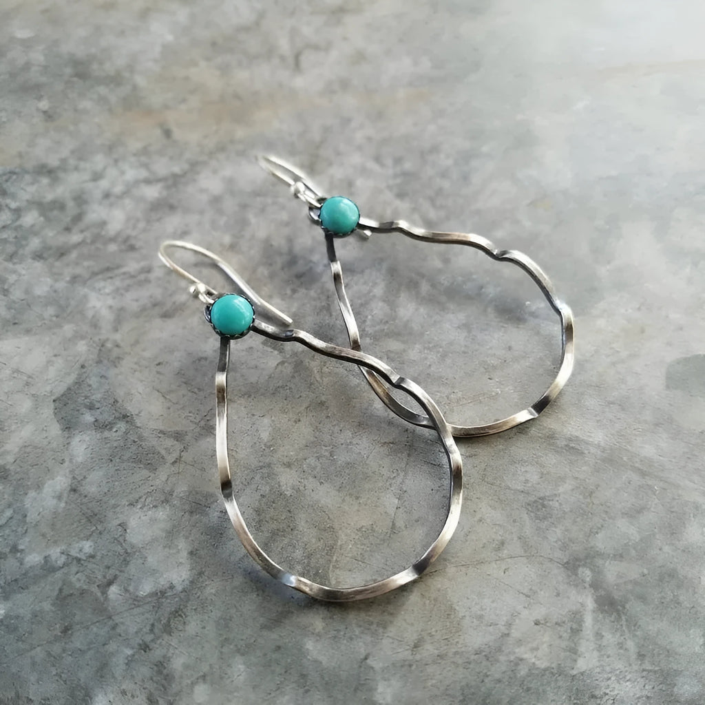 Bohemian geometric circle earrings in antique silver colour with vintage turquoise appearance
