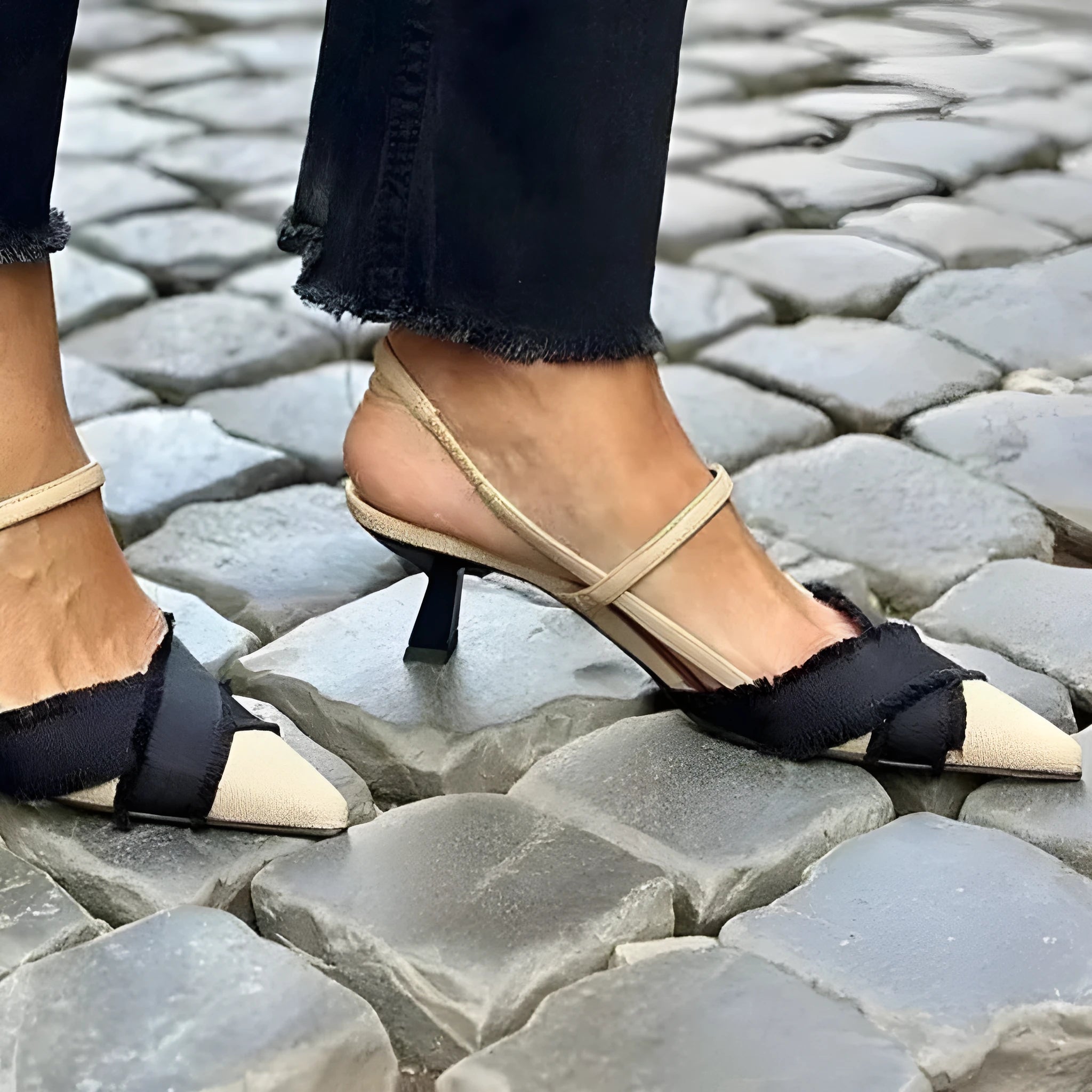 Women's apricot black colour block stiletto heel sandals with pointed toe and buckle fastening