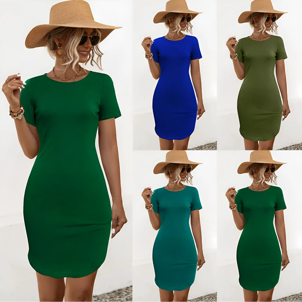 Women's solid colour short sleeve dress with U-shaped split design in cotton blend fabric