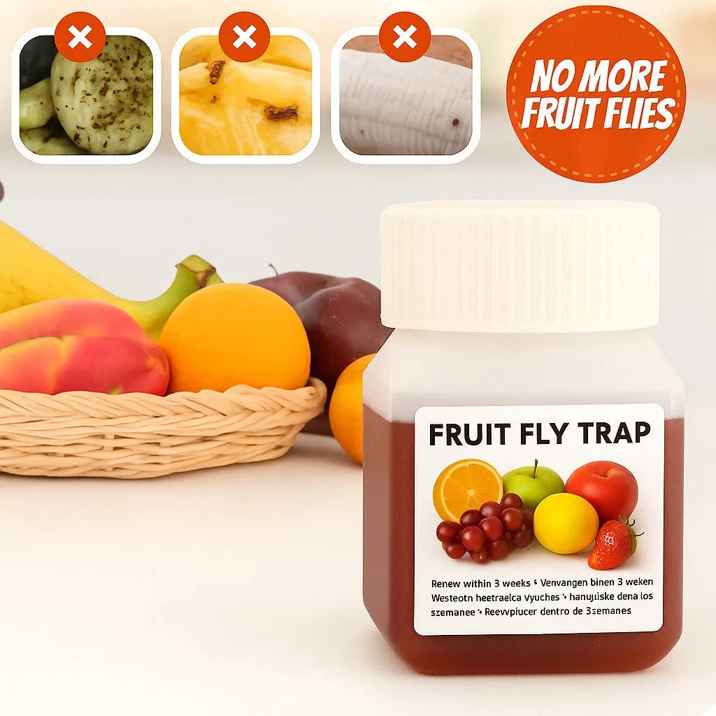 Bottle of fruit fly bait liquid with SK003 labeling, shown with funnel accessory option