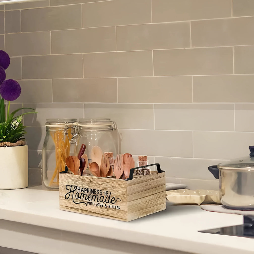 Wooden kitchen tableware storage box with grid compartments measuring 23 x 16.8 cm