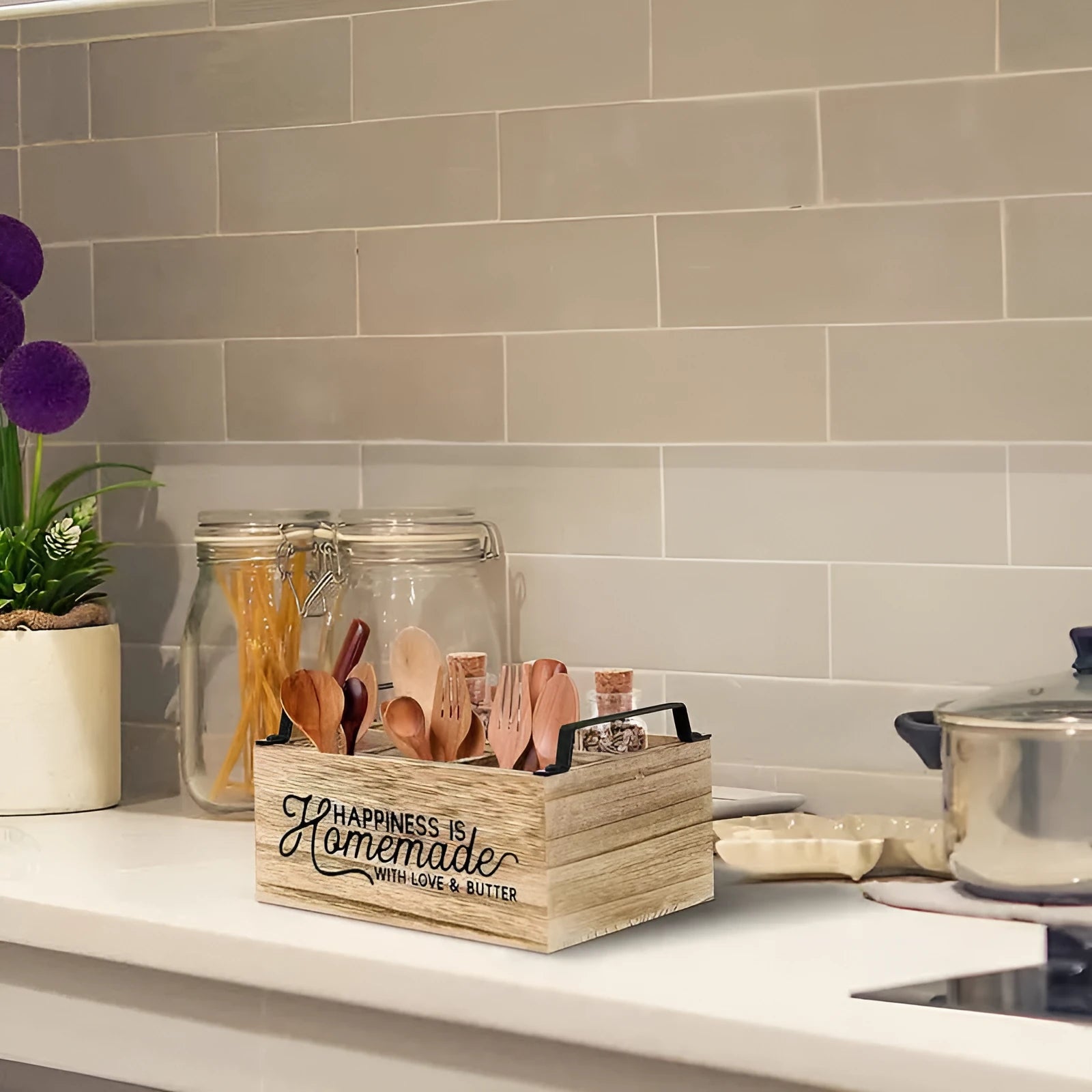 Wooden kitchen tableware storage box with grid compartments measuring 23 x 16.8 cm