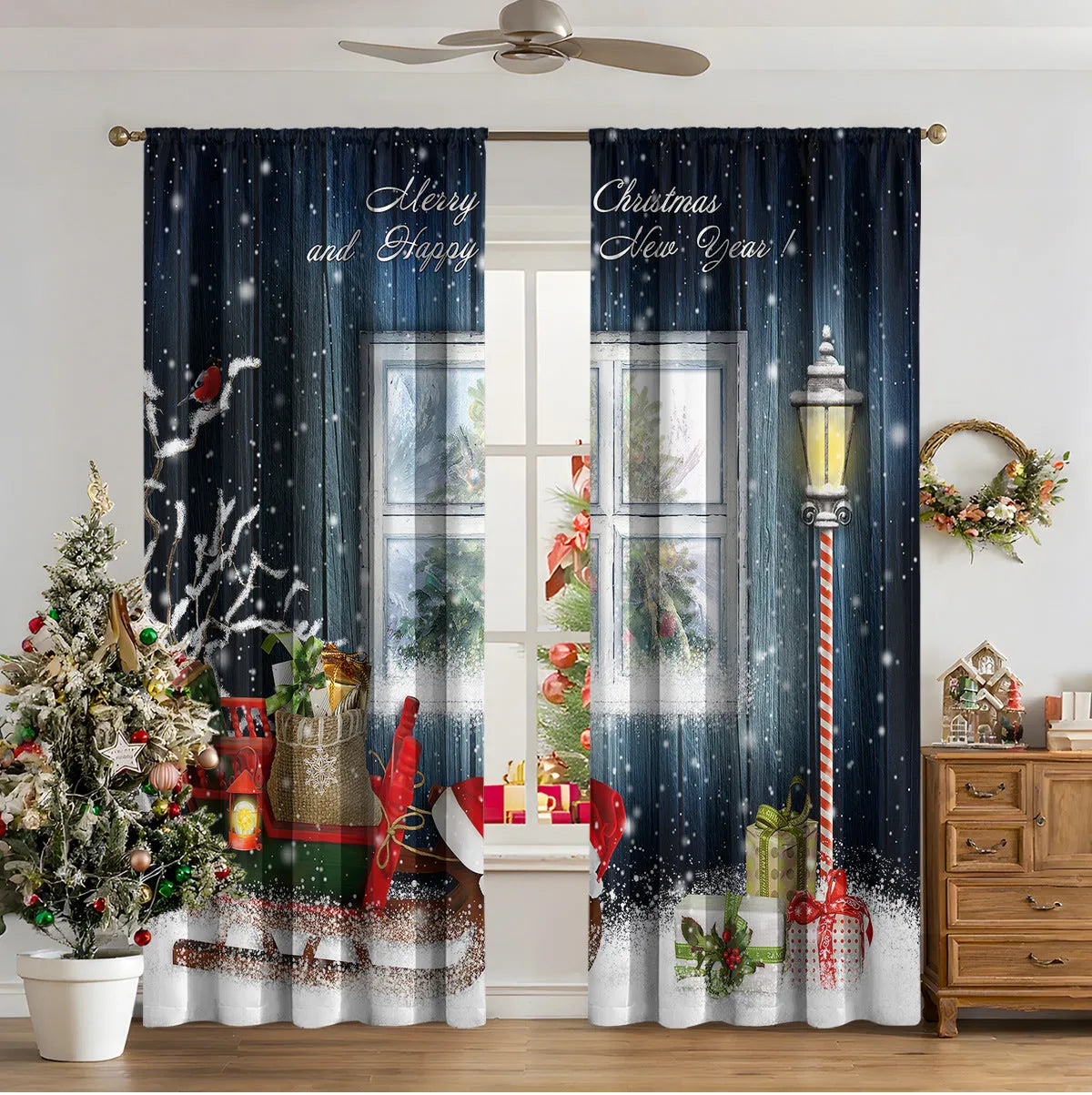 3D digitally printed Christmas curtains in polyester with festive patterns, showing high sunshade function