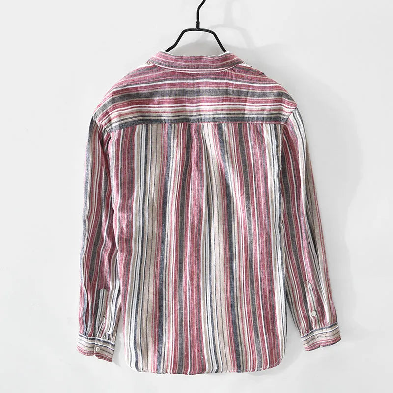 Men's striped linen shirt in red or gray with long sleeves and loose fit