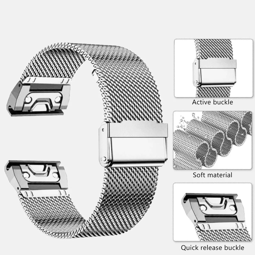 Silver stainless steel replacement strap for Garmin Fenix smartwatch showing lug width.
